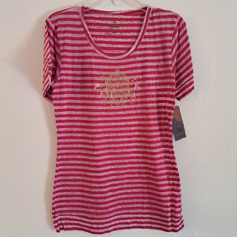 Jordache Tunic T-Shirt Womens L Red/White Striped Gold Foil Crest NWT 1427-330